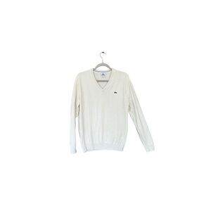 Lacoste Mens Cream V-neck Long Sleeve Ribbed Trim Logo Pullover Sweater Size 5